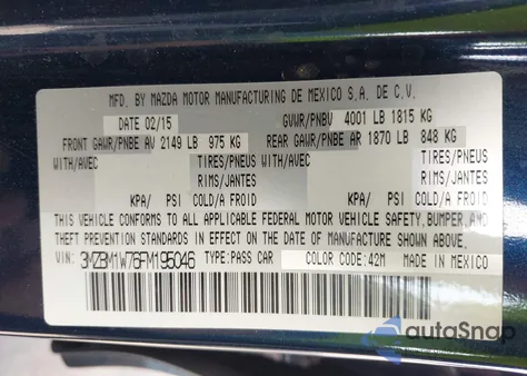 2015 Mazda Mazda3 I Grand Touring z USA, uszkodzony, nr VIN 3MZBM1W76FM195046